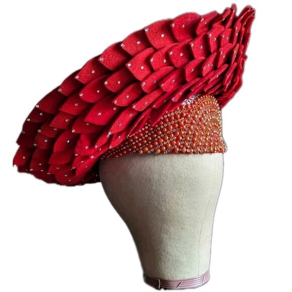 Vtg George Zamaul Couture Glamour Hat Red Rhinestone African Nigerian Beaded main image 13